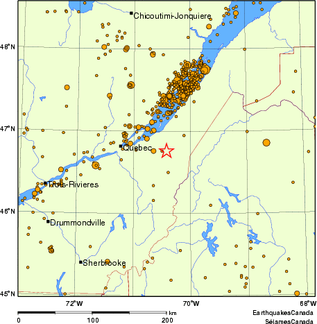 carte des des séismes de magnitude 2,0 et plus depuis 2000