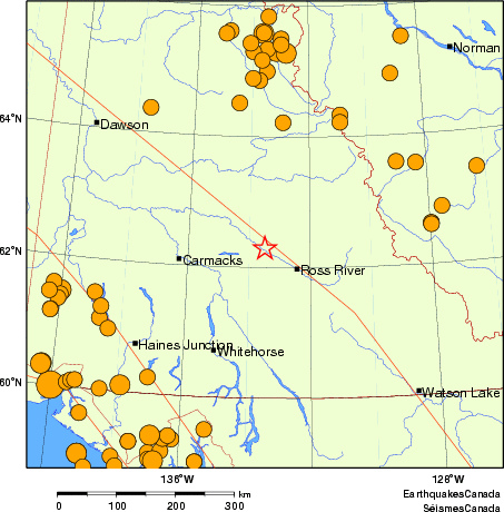 Map of historical earthquakes magnitude 5.0 and larger.  Details in the data table below