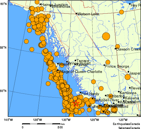 Map of historical earthquakes magnitude 5.0 and larger.  Details in the data table below