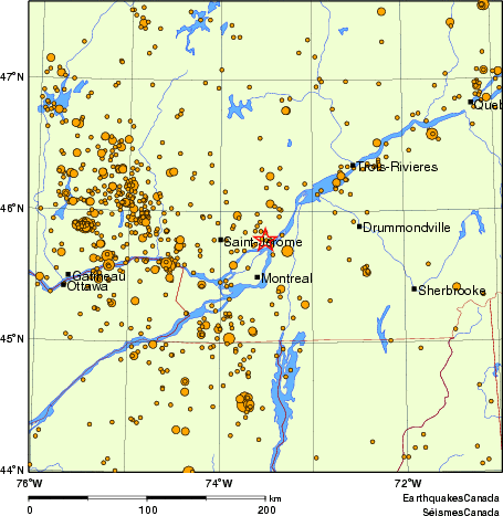 carte des des séismes de magnitude 2,0 et plus depuis 2000