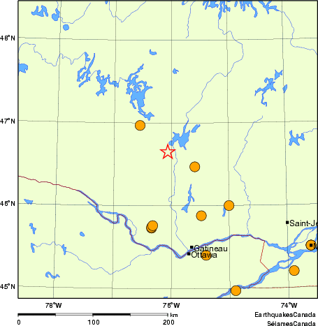 Map of historical earthquakes magnitude 5.0 and larger.  Details in the data table below