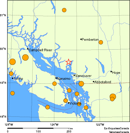 Map of historical earthquakes magnitude 5.0 and larger.  Details in the data table below