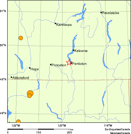 Map of historical earthquakes magnitude 5.0 and larger.  Details in the data table below