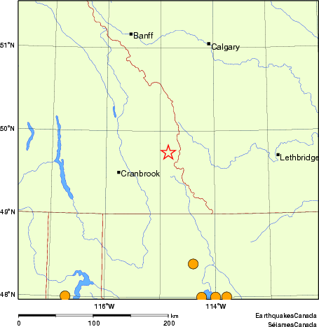 Map of historical earthquakes magnitude 5.0 and larger.  Details in the data table below