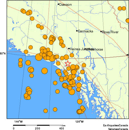 carte des séismes historiques de magnitude 5,0 et plus.  Détails dans le tableau de données ci-dessous