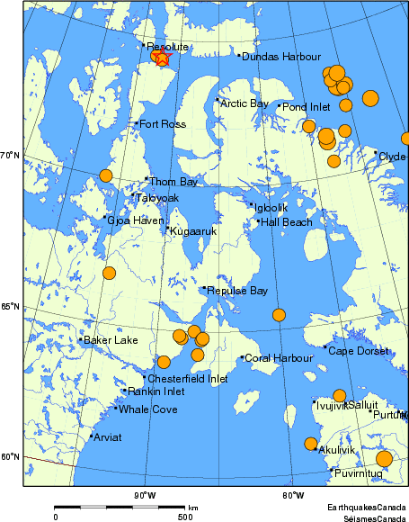 Map of historical earthquakes magnitude 5.0 and larger.  Details in the data table below