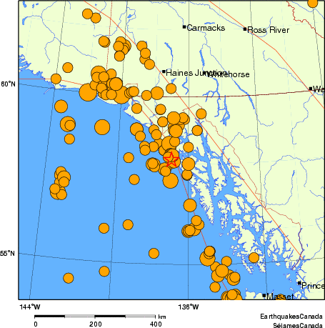 carte des séismes historiques de magnitude 5,0 et plus.  Détails dans le tableau de données ci-dessous