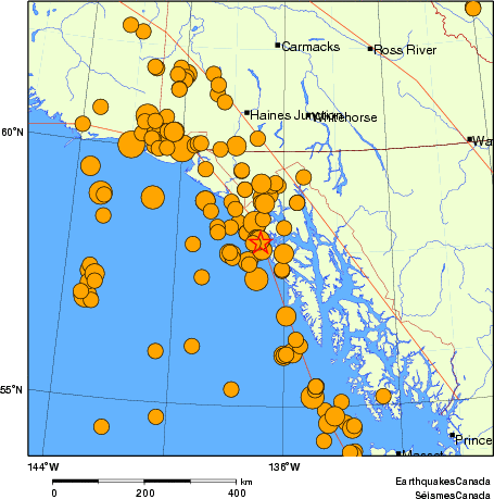 Map of historical earthquakes magnitude 5.0 and larger.  Details in the data table below