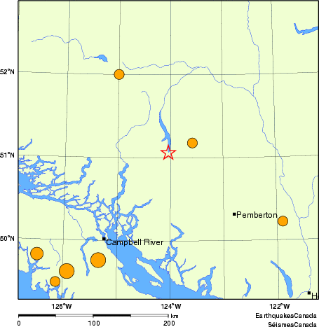 Map of historical earthquakes magnitude 5.0 and larger.  Details in the data table below