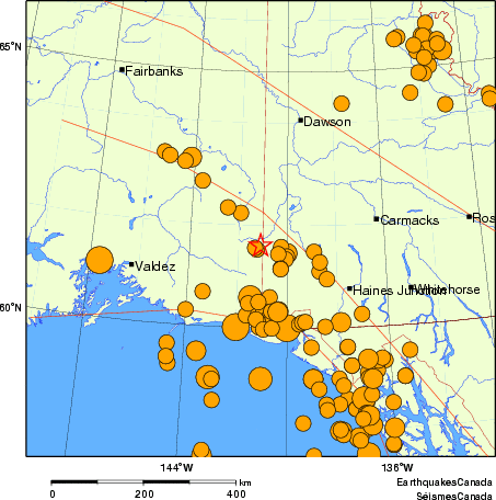 Map of historical earthquakes magnitude 5.0 and larger.  Details in the data table below