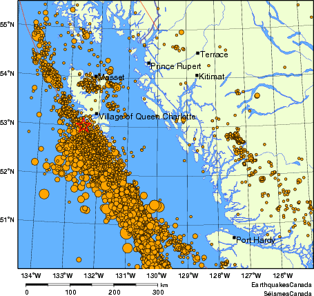 carte des des séismes de magnitude 2,0 et plus depuis 2000