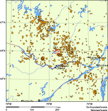 carte des des séismes de magnitude 2,0 et plus depuis 2000