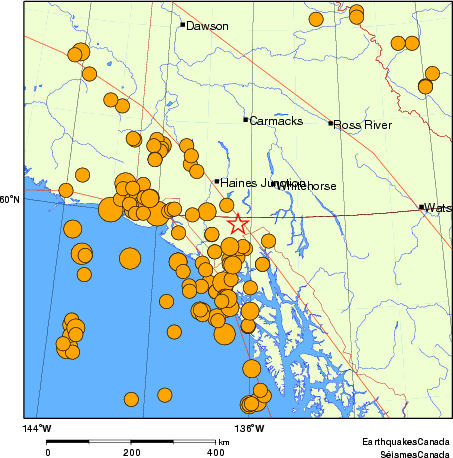 carte des séismes historiques de magnitude 5,0 et plus.  Détails dans le tableau de données ci-dessous