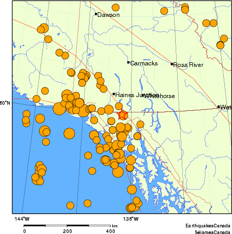 carte des séismes historiques de magnitude 5,0 et plus.  Détails dans le tableau de données ci-dessous