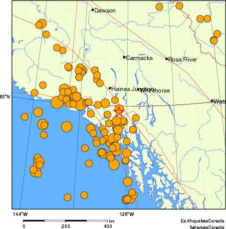 Map of historical earthquakes magnitude 5.0 and larger.  Details in the data table below