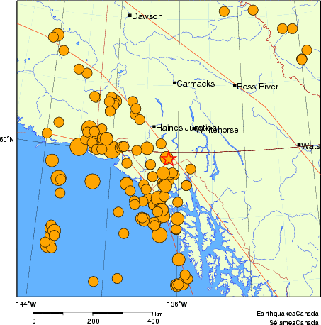 carte des séismes historiques de magnitude 5,0 et plus.  Détails dans le tableau de données ci-dessous