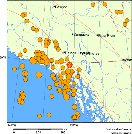 Map of historical earthquakes magnitude 5.0 and larger.  Details in the data table below