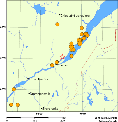 carte des séismes historiques de magnitude 5,0 et plus.  Détails dans le tableau de données ci-dessous