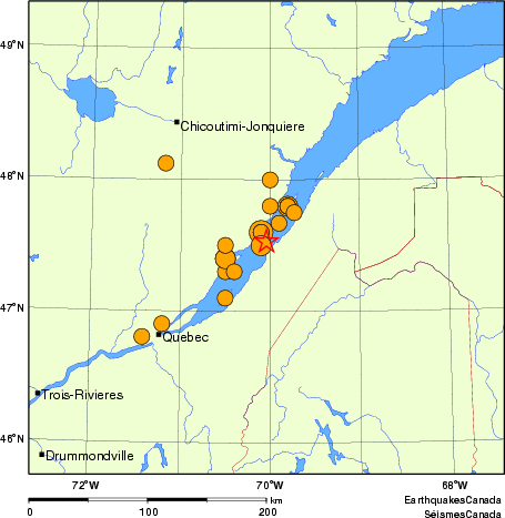 carte des séismes historiques de magnitude 5,0 et plus.  Détails dans le tableau de données ci-dessous