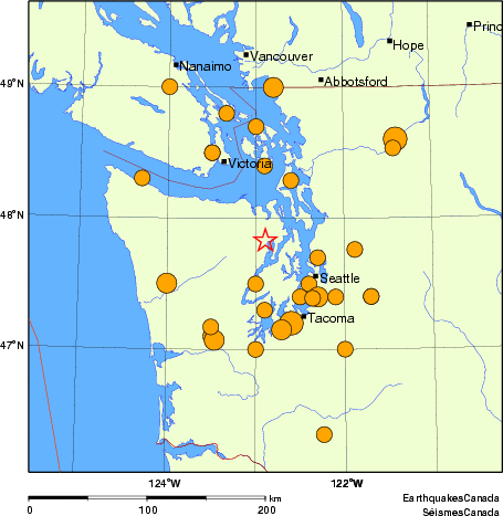 Map of historical earthquakes magnitude 5.0 and larger.  Details in the data table below