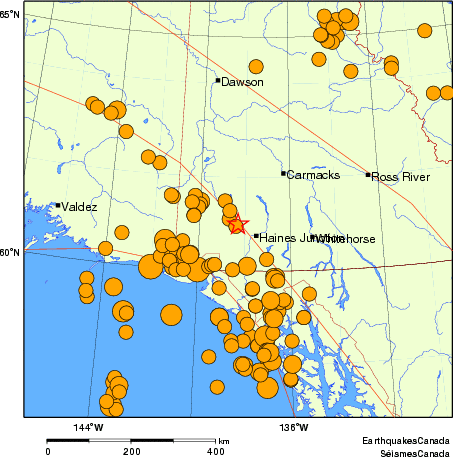 Map of historical earthquakes magnitude 5.0 and larger.  Details in the data table below