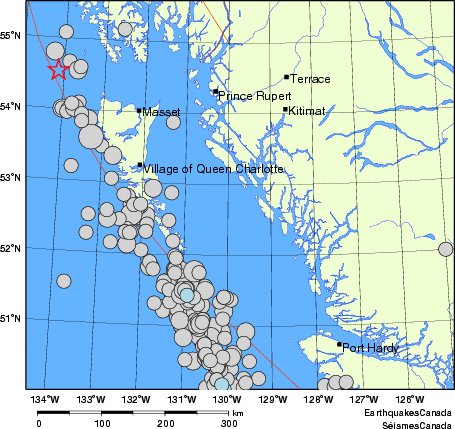 carte des séismes historiques de magnitude 5,0 et plus.  Détails dans le tableau de données ci-dessous