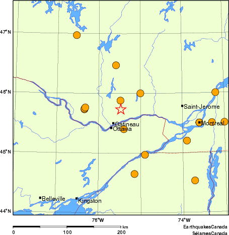 Map of historical earthquakes magnitude 5.0 and larger.  Details in the data table below