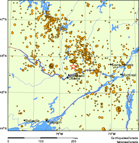 carte des des séismes de magnitude 2,0 et plus depuis 2000