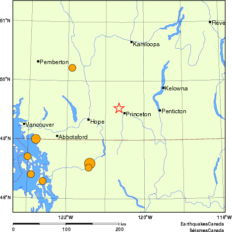 Map of historical earthquakes magnitude 5.0 and larger.  Details in the data table below