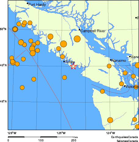 Map of historical earthquakes magnitude 5.0 and larger.  Details in the data table below