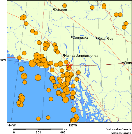 carte des séismes historiques de magnitude 5,0 et plus.  Détails dans le tableau de données ci-dessous