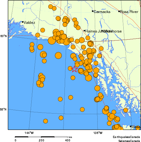 carte des séismes historiques de magnitude 5,0 et plus.  Détails dans le tableau de données ci-dessous