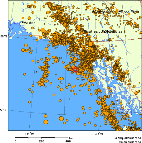 carte des des séismes de magnitude 2,0 et plus depuis 2000