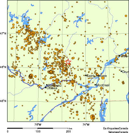 carte des des séismes de magnitude 2,0 et plus depuis 2000