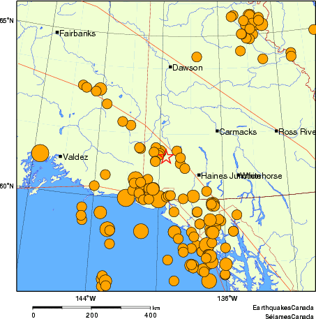 Map of historical earthquakes magnitude 5.0 and larger.  Details in the data table below