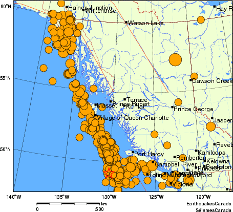 Map of historical earthquakes magnitude 5.0 and larger.  Details in the data table below