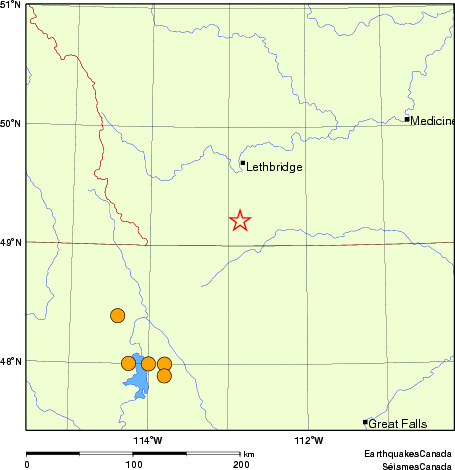 carte des séismes historiques de magnitude 5,0 et plus.  Détails dans le tableau de données ci-dessous