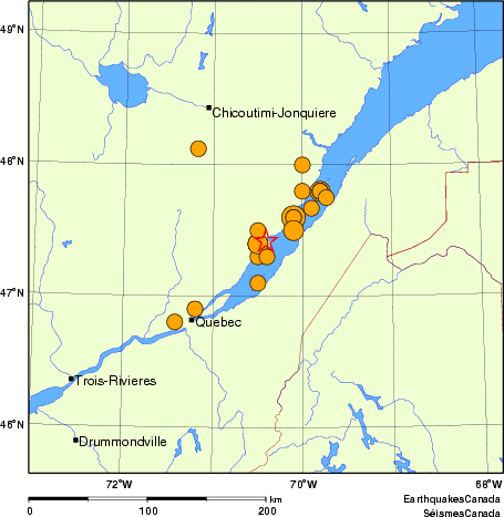 carte des séismes historiques de magnitude 5,0 et plus.  Détails dans le tableau de données ci-dessous