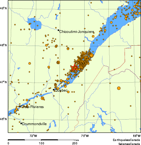 carte des des séismes de magnitude 2,0 et plus depuis 2000