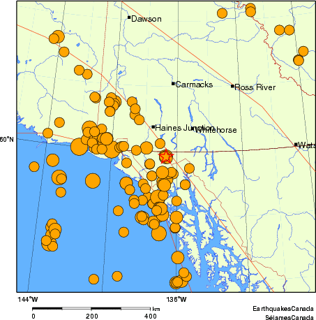 Map of historical earthquakes magnitude 5.0 and larger.  Details in the data table below