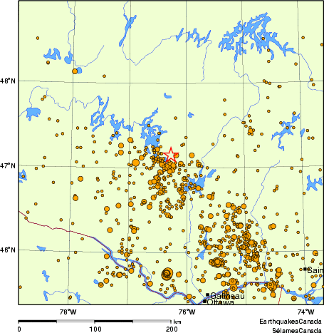 carte des des séismes de magnitude 2,0 et plus depuis 2000