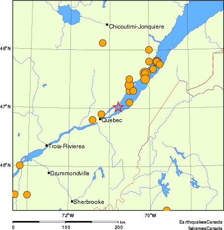 carte des séismes historiques de magnitude 5,0 et plus.  Détails dans le tableau de données ci-dessous