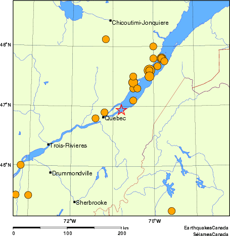 carte des séismes historiques de magnitude 5,0 et plus.  Détails dans le tableau de données ci-dessous