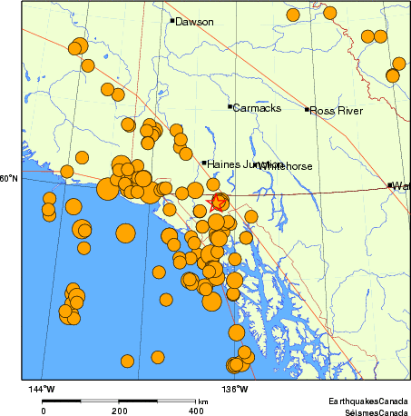 Map of historical earthquakes magnitude 5.0 and larger.  Details in the data table below