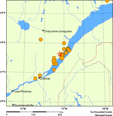 carte des séismes historiques de magnitude 5,0 et plus.  Détails dans le tableau de données ci-dessous