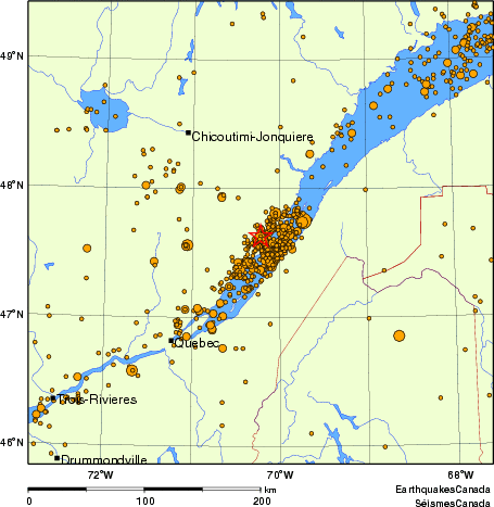 carte des des séismes de magnitude 2,0 et plus depuis 2000