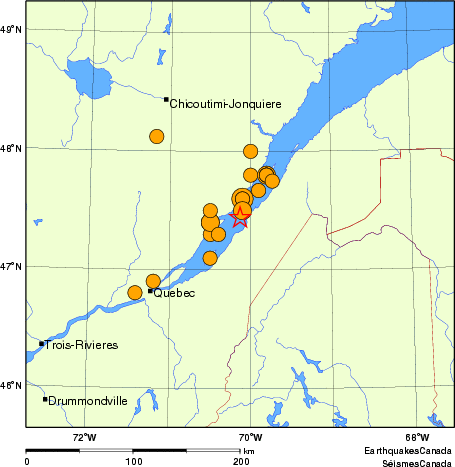 carte des séismes historiques de magnitude 5,0 et plus.  Détails dans le tableau de données ci-dessous