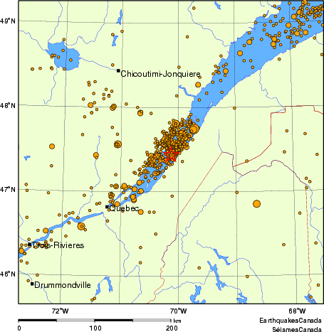 carte des des séismes de magnitude 2,0 et plus depuis 2000