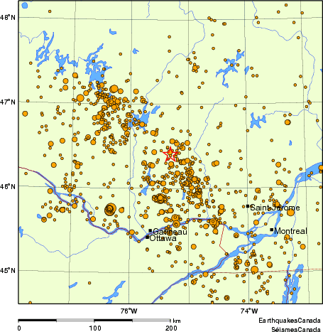 carte des des séismes de magnitude 2,0 et plus depuis 2000