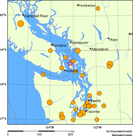 Map of historical earthquakes magnitude 5.0 and larger.  Details in the data table below